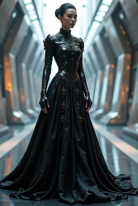 Create a photo of a dress that demonstrates futuristic victorian fashion