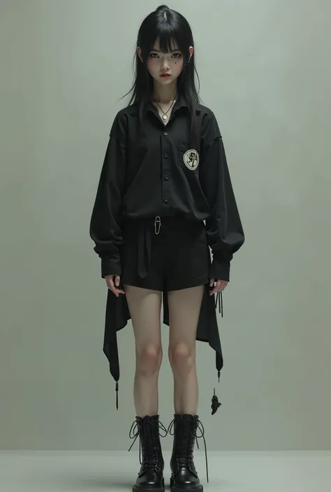 Skinny girl with tied black hair and makeup wearing black shirt with FX emblem, black boot and black shorts