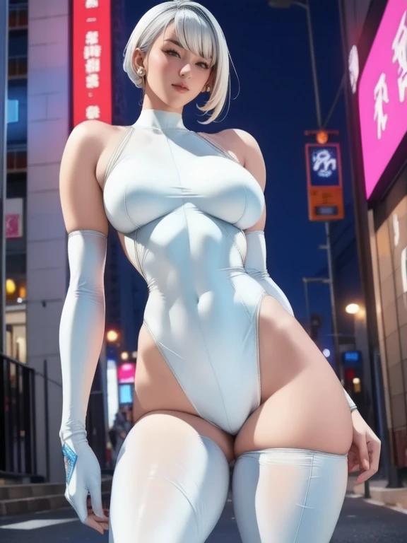 Arafe dressed in white poses on a wet street,  Translucent Body , smooth  Clear White Skin,  hero pose colorful city lights,  white shiny skin ,  Tight Outfit ,  boobs cyberpunk ,  A Naked Girl with White Skin ,  she is in a natural pose ,   photorealistic...