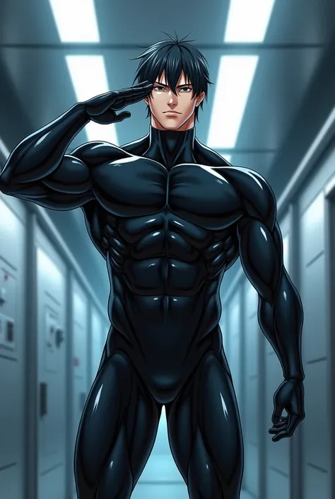 anime character: anime handsome,High image quality. Muscular, Face the front. Manly. A man in a tight black latex suit Manly standing in a futuristic laboratory. black hair. black eye, He is saluting proudly. The black full-body shiny latex full-body tight...