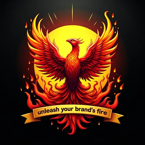 Create a logo featuring a vibrant phoenix rising from flames, wings spread wide, with fiery colors of red, orange, and gold. The phoenix is placed in the center of a circular background with a radiant sunburst effect in shades of yellow and crimson. Surrou...