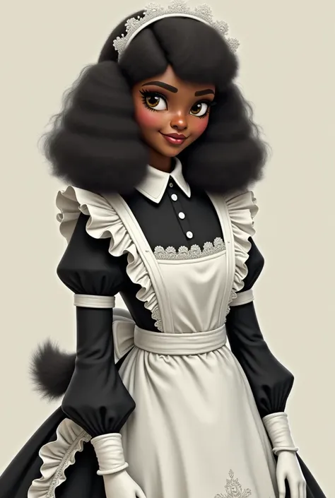 Make a girl with ebony skin, the ears and tail of a labradoodle wearing a black and white maid dress with opera gloves