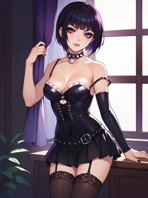 source_anime, rating_explicit, score_9, score_8_up, score_7_up, black_hair, Gothic, Gothicic,  short_hair,  looking at the viewer ,  , skirt, stockings, black clotges, Gothic girl,  this is here ,   purple eyes ,  medium chest,  in the room , black hair