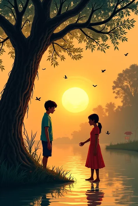 Heres a detailed prompt to generate images based on this story:


---

Prompt:
"A sequence of visually striking scenes capturing the emotional essence of a love story between a young Hindu boy, Priyam, and a Muslim girl, Afsana, set in a rural riverside vi...