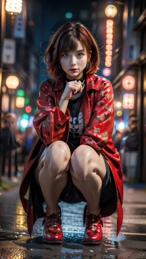 (masterpiece:1.2), best quality,cg,3d, Samurai girl,
1girl, red eyes, earrings, solo, multicolored hair, jewelry, looking at viewer, blurry, full body, bangs, red hair, jacket, squatting, blurry background, choker, short hair, long sleeves, red nails, clos...