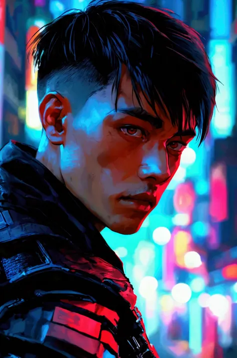 tall man in cyberpunk style, with short black hair shaved on the sides, brown eyes, looking like a laid-back mercenary, wearing a tactical jacket and cyberpunk style red leather accessories, cyberpunk style in the background, 2D STYLE, ANIME STYLE