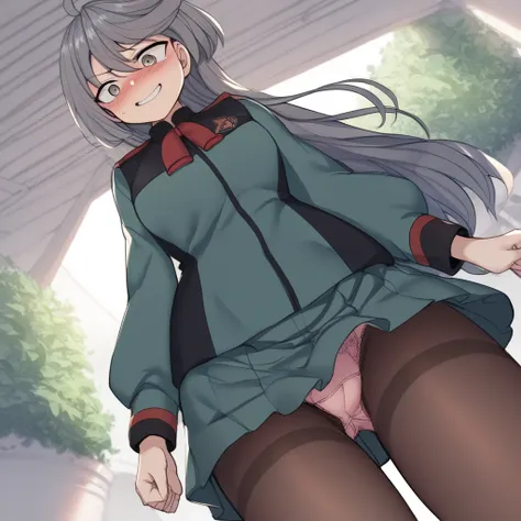  source_anime, look at viewer, 1girl, garden, close up, masterpiece, best quality,  miorine rembran, asticassia school uniform, grey hair, long hair, ahoge, grey eyes, green jacket, jacket, long sleeves, shoulder boards, green shorts, seamed legwear, panty...