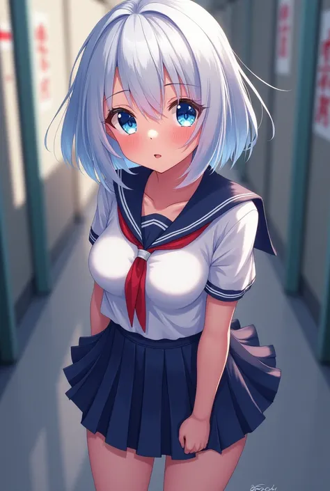  Can make an illustration of a teenage girl , has big boobs ,  wears a school uniform ,  has short white hair and blue eyes