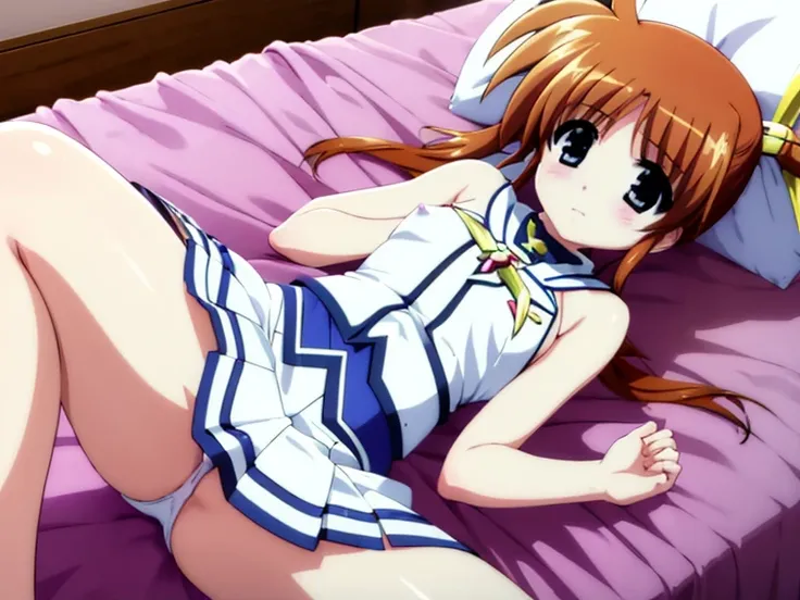 Master piece,best quality,nsfw,Nanoha Takamachi (Takamachi Nanoha ) - Magical Girl Lyrical Nanoha ( Puella Magical Girl Lyrical Nanoha) - COMMISSION,embarrassed,blush,bare breasts,show off nipple,breasts hold,skirt lift,lying,on bed