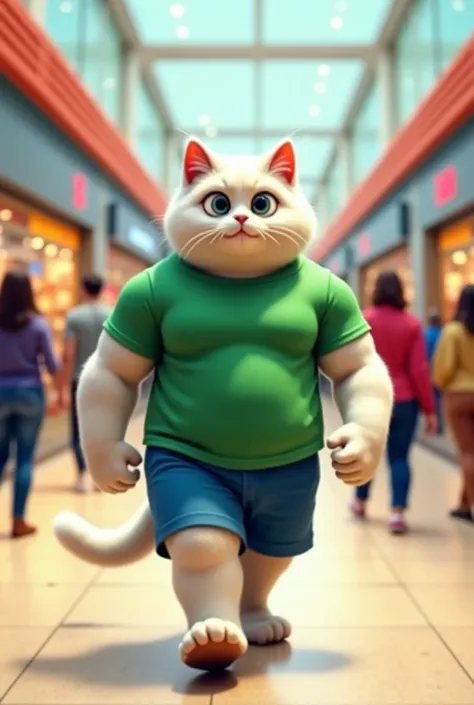 "A busy shopping mall with various stores. Ben, a strong, muscular cat with white fluffy fur, wearing a green t-shirt and blue shorts, walks through the mall. His physique stands out, and he looks confident as he browses the stores. The atmosphere is livel...