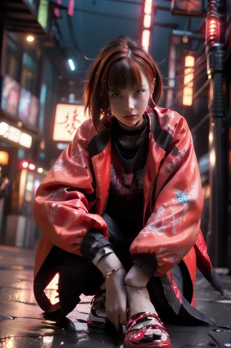 (masterpiece:1.2), best quality,cg,3d, Samurai girl,
1girl, red eyes, earrings, solo, multicolored hair, jewelry, looking at viewer, blurry, full body, bangs, red hair, jacket, squatting, blurry background, choker, short hair, long sleeves, red nails, clos...