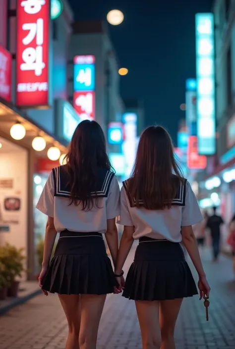  Photo of 2 beautiful Asian woman  ,   Seoul city scene Korea ,  night scene in Seoul ,  2 women are walking along the sidewalk in Seoul,  the commercial stores in Seoul are open and well illuminated neon, 2 women are looking at the camera , Two women are ...