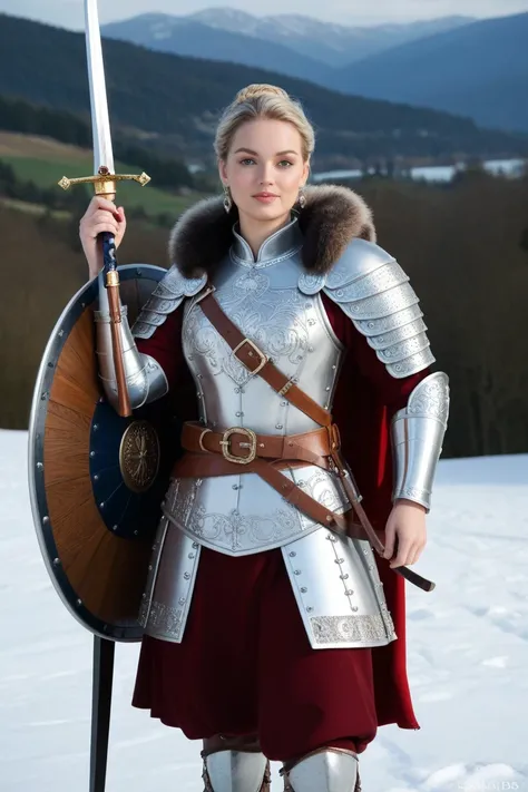 A 3D ultra-realistic scene in 8K resolution featuring a stunning 3rd-century Swiss warrior girl walking with strength and grace. She wears traditional armor inspired by ancient Swiss designs, crafted from steel and leather, adorned with intricate patterns ...