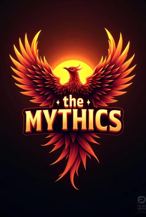 An esports logo with the text "THE MYTHiCS" written in a bold, modern font. Below the text is a phoenix rising from the ashes, with its wings spread wide. The background is a deep firey glow