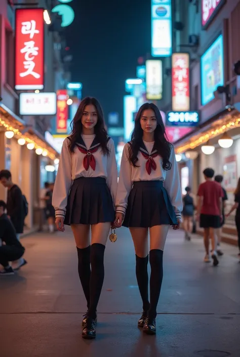  Photo of 2 beautiful Asian woman  ,   Seoul city scene Korea ,  night scene in Seoul ,  2 women are walking along the sidewalk in Seoul,  the commercial stores in Seoul are open and well illuminated neon, 2 women are looking at the camera , Two women are ...