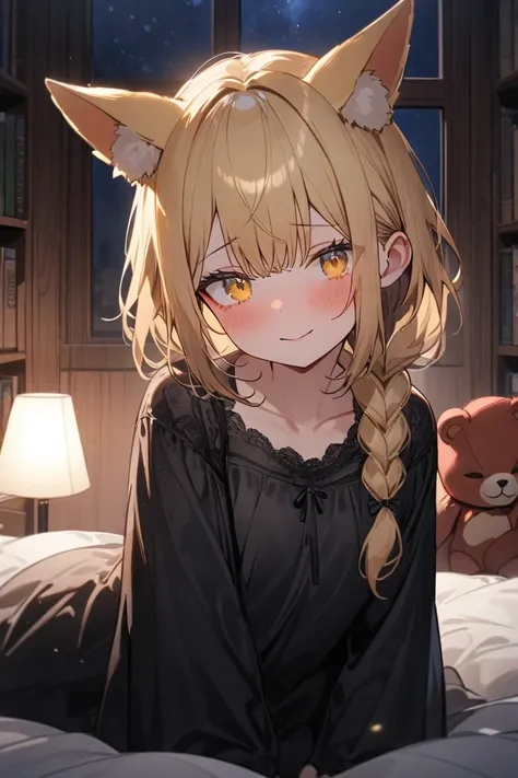  one girl ,  Detailed Details ,big fox ears yellow eyes 、Yellow-haired, Braided Hair,  black nightgown , skin,  white bed,  sleeping in bed,  looking at me , Embarrassed,In front of the big window ,   the curtain is closed , Hardwood Floors, Bookshelf, Hou...