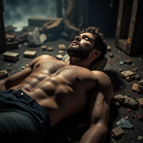 Cody Christian, short bearded hero, lying on the floor shirtless with eyes closed, surrounded by debris, in pain from the blows received, cinematic lighting, dramatic atmosphere, chiaroscuro lighting, dramatic pose, highly detailed, photorealistic, 8k, hig...