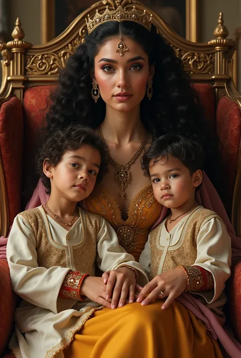 Génére moi une femme sultane jeune, riche et belle aux long cheveux frisés assise sur une chaise, avec ses enfants des petits garçons à ses côtés et dans ses bras. 