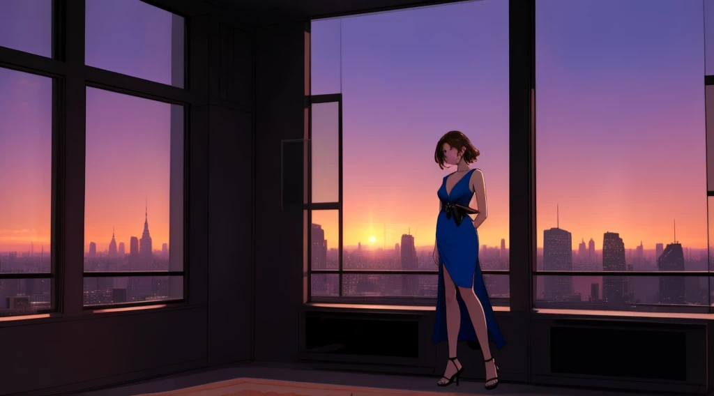 "A beautiful woman standing by a large window overlooking a futuristic city skyline during a serene sunset. She is wearing a sleek, form-fitting blue dress with thin straps, and her short, slightly messy brown hair complements her elegant yet casual style....