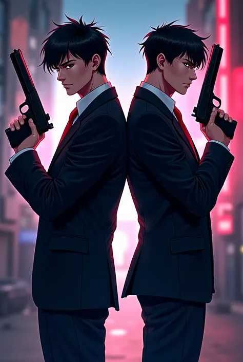 2 mafia men holding a gun and back each other anime style 