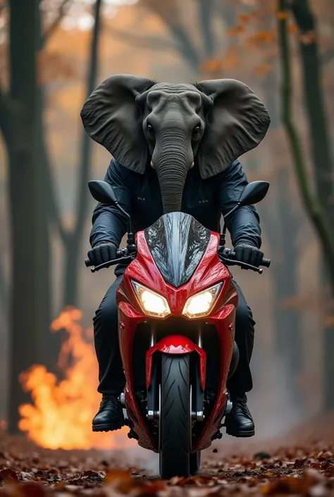 make me a picture of the cold Honda PCX fire bike and elegant black red mixture against the background of the forest. There is an elephant human animal fire extinguisher in masculine masculine muscles that are full uniform riding motorcycles