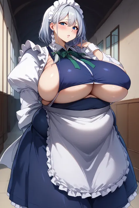  Sixteen Night Sakaki Night ,Sakuya Izayoi,  shortcuts、 maid clothes、Navy blue clothes,White ruffle sleeves,navy blue ruffle miniskirt、white ruffle apron , blue eyes、 silver hair、 Western-style hallway 、Western-style building interior、chubby,ssbbw,milf, sc...