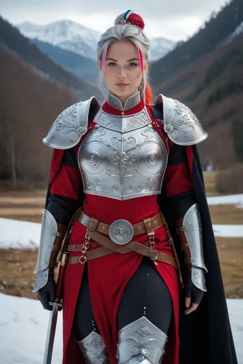 A 3D ultra-realistic scene in 8K resolution featuring a stunning 3rd-century Swiss warrior girl walking with strength and grace. She wears traditional armor inspired by ancient Swiss designs, crafted from steel and leather, adorned with intricate patterns ...