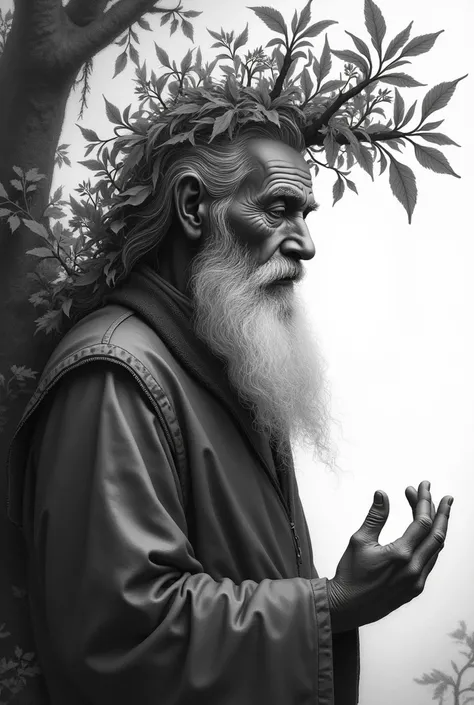  realistic black and white image illustration of a wise elderly man in connection with nature , that transmits peace and harmony with its surroundings .  It can be viewed in its full body in its natural forest habitat .  He does not move and very slowly hi...