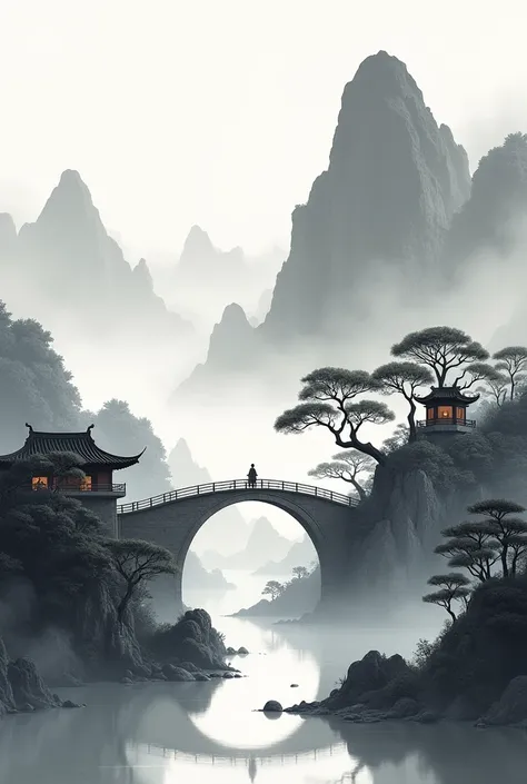 "Create a serene pathway landscape in the traditional Chinese ink wash painting style, Chinese traditional House Roof in the Side, featuring towering mist-covered mountains with soft, flowing textures and gentle gradients of black and gray hues. Include a ...