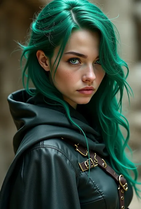 A 20 years old woman, with green hair and green eyes. She is quite skinny, but wears medieval leather clothes and a long dark Gray cloak. Se has a serious and tense look look