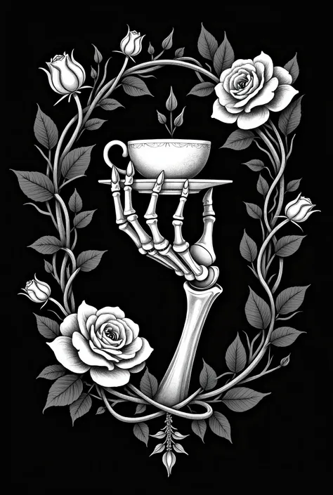 Black and white, gothic design, Surriel and Tea Co. Skeleton hand holding a tea cup, coffee shop logo design, roses and vines