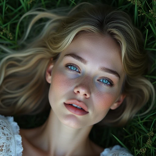 (photorealism:1.2), Beautiful European woman, 26 years old, lying on the lawn on her back, close-up of her face. Blue eyes, ash blonde hair scattered in the margins. The face must be bright, like glittered on blue. Moonlight, field of margirites