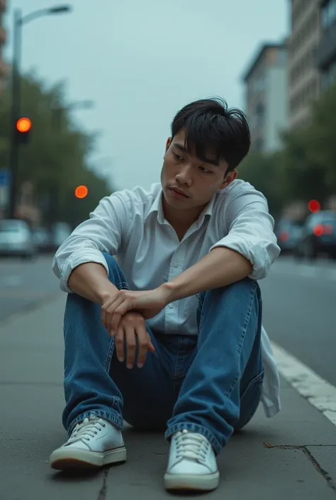  20 year old man wearing white shirt blue jeans, wearing white shoes crying sitting on the sidewalk 