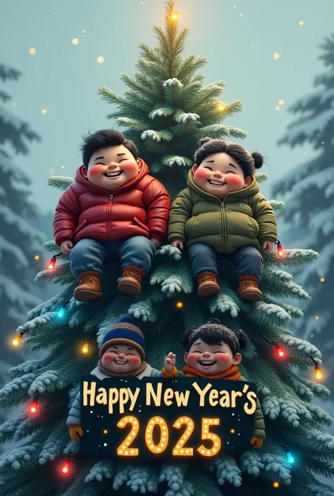 Fat man and woman, black hair, looking at camera, wear coat jacket winter costume, they both was sat on cable with couple on left and right them, four of them placed on top big trunk pir trees by colorful lights lamps, natural, teeth smile, funny moment, s...