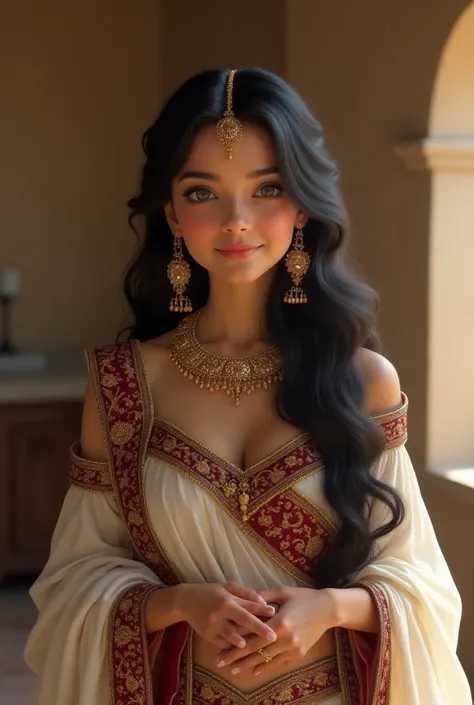 image of 16th century hindu royal princess (beautiful, full cheeks , pinched waist , long black hair , wearing white and maroon lehenga, gajra in hair , dark green eyes, in a chamber with beige walls , happy, blushing )