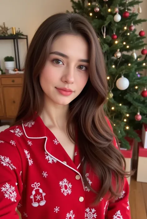  Beautiful 24-year-old Italian girl posing next to a Christmas tree, dressed in red Christmas pajamas,  her eyes light up the room ,  her long wavy hair slides down her left shoulder , photo selfie sin que se vea el smartphone