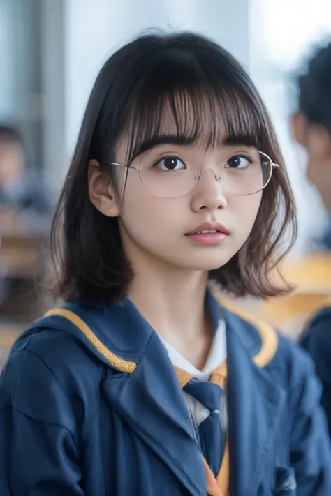 Junior high school students　Glasses　short hair　 pull down her bangs