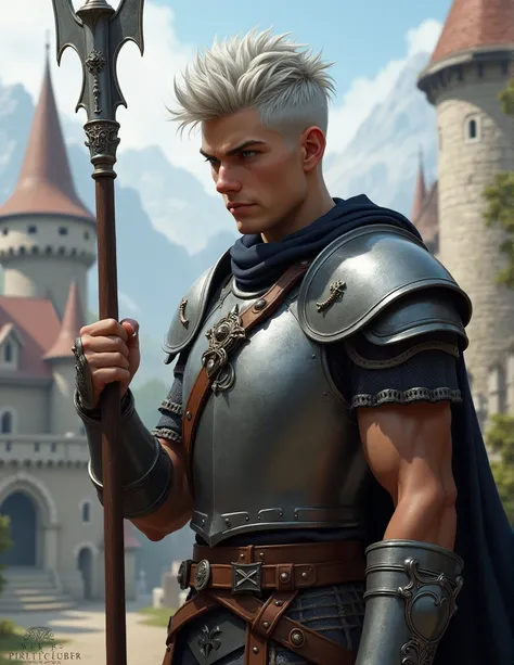 Pathfinder kingmaker style portrait of a cute, sinewy muscled, pug nosed, aggressive looking 18 year old male human fighter in heavy armless chest-plate with short length, undercut, spikey, silver color hair, holding a pike, in front of a medieval castle.