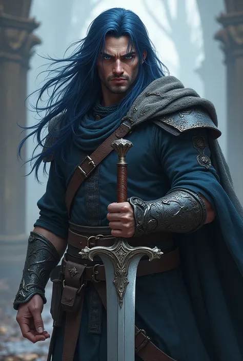 A 22 year old Warrior with dark Blue hairy and dark Blue eyes. He holds a greatsword, named Layrun, and a serious look. He is tall and his hair is long and ondulated.