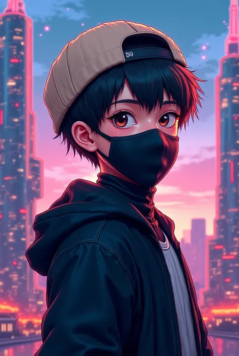 A teenager wearing a cream colored jute peci songkok wears a black mouth mask wears a black hoodie jacket face to face standing in a beautiful city anime version