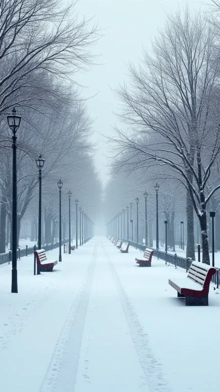 On a snow-covered street without people with benches.