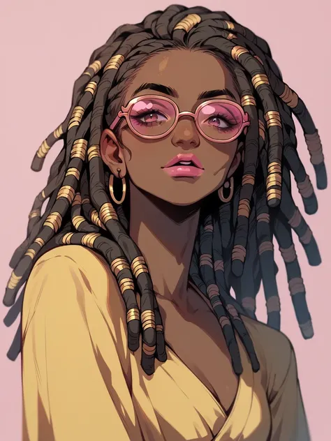 score_9, score_8_up, score_7_up, score_6_up, 1girl, (((dreadlock hairstyle))), g4n1m3, hippie, pink lipstick, brown skinned, misty pink eyes, pink sunglasses, yellow top, yellow skirt, upper body, elegant position, witchcraft