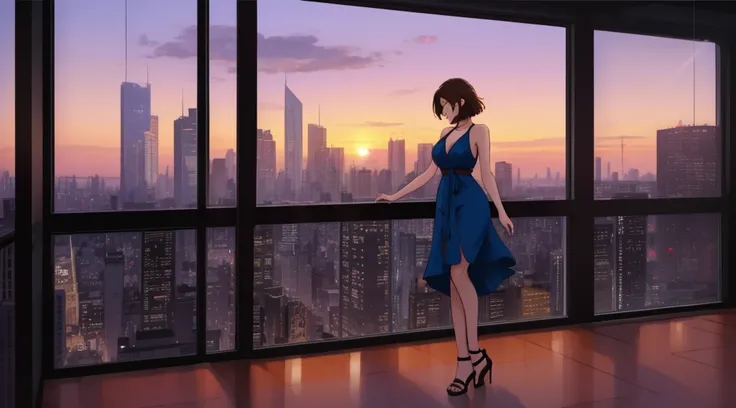 "A beautiful woman standing by a large window overlooking a futuristic city skyline during a serene sunset. She is wearing a sleek, form-fitting blue dress with thin straps, and her short, slightly messy brown hair complements her elegant yet casual style....