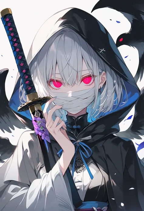 female wearing a hooded cloak, the female has short white silver hair, she has bandages cover her face but her eyes are visible, a dark shadow silhouette is covering her face, she is holding a katana sword, only one glowing eye visible, background is a hue...