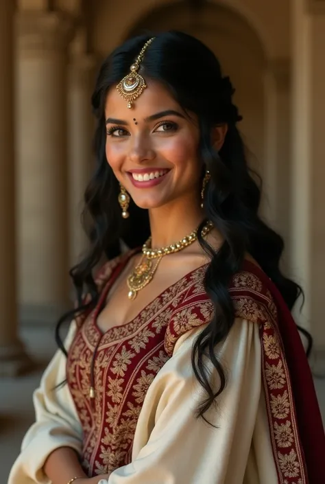 Close up image of 16th century hindu royal princess (beautiful, full cheeks , pinched waist , long black hair , wearing white and maroon lehenga, gajra in hair , dark green eyes, in a chamber with beige walls , happy, blushing )