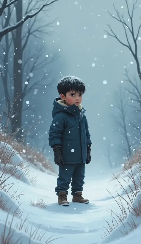 A boy named Jose is sad in the cold winter and snow is falling in the back. 