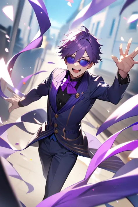  1 Boy , Gojo Satoru, Magician Returns,  Virtual Purple,  sunglasses,  school uniform,masterpiece,  top quality ,  very aesthetic,  super high res