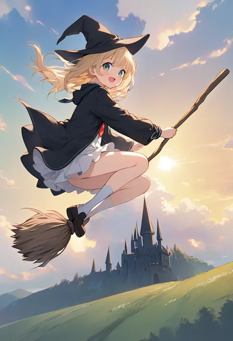 a little blonde headed girl riding a broomstick at Hogwartz Shool of Wizary --v 6.1