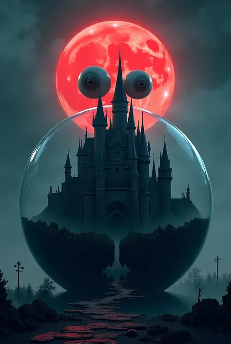 A castle inside a glass ball. And on top of the glass ball there are two eyeballs and a grinning smile without a face. Night background with a red moon