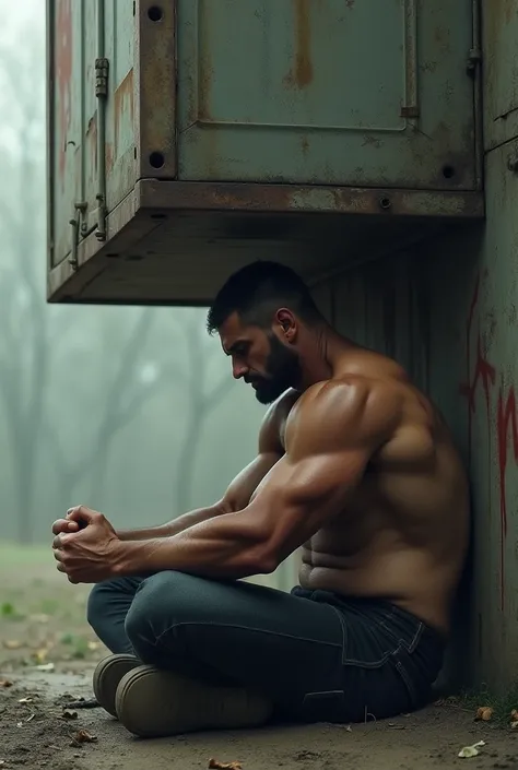  full body , a strong and athletic man sitting under a sad and thoughtful box, Side view 